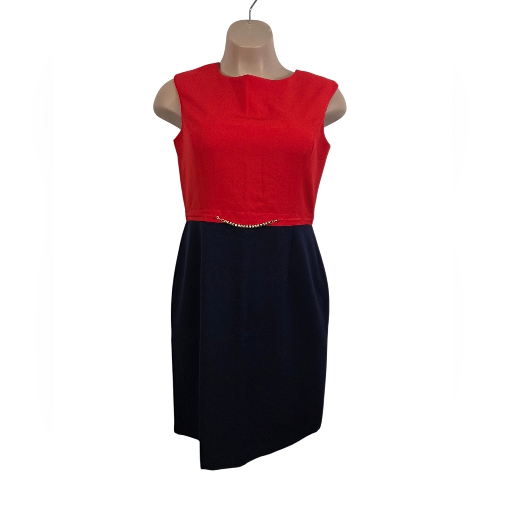 Ellen Tracy Red And Navy Colorblock Sleeveless Dress ~ Pre-Owned